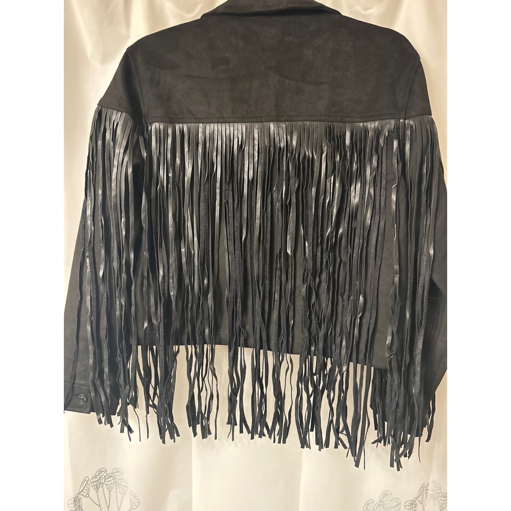 Juicy Couture Fringed Trucker Jacket Black Faux Suede Leather size Med - Picture 6 of 9